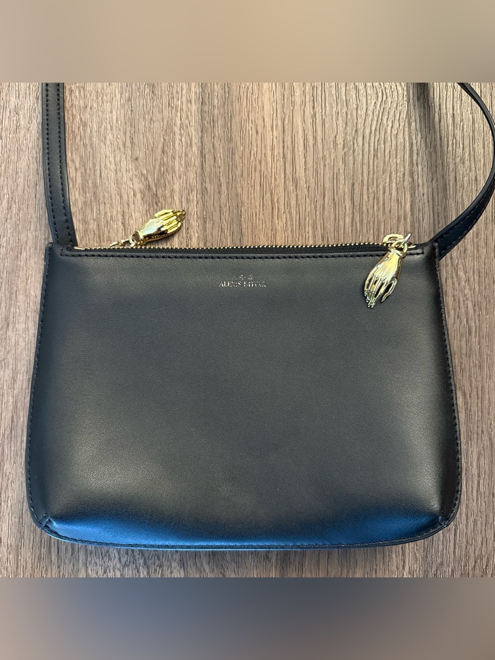 Alexis Bittar Black Leather Crossbody with Gold Hand Zips Msrp $500